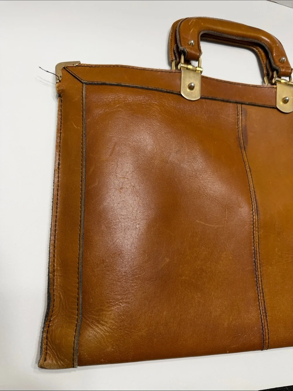 Men's Tan Leather Top-Handle Briefcase with Brass Accents
